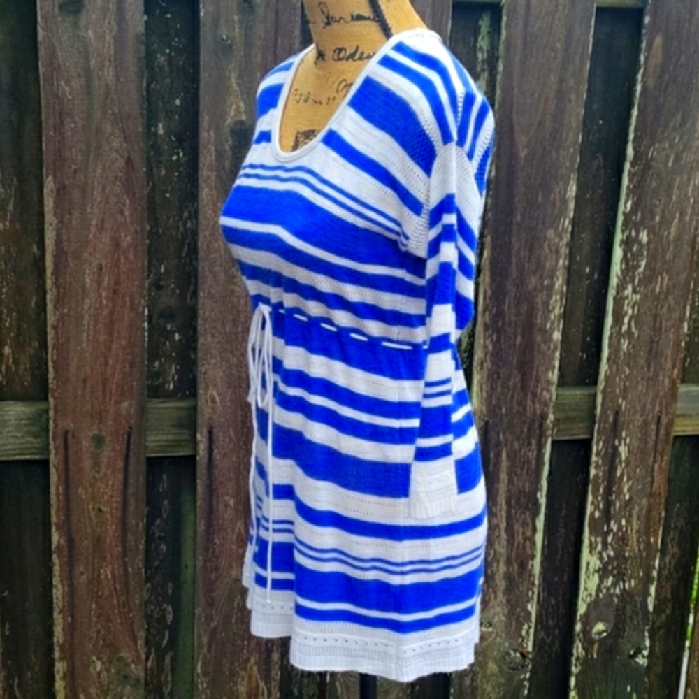 Motherhood Maternity Striped  Babydoll Pointelle Sweater with Drawstring Tie - Picture 11 of 17